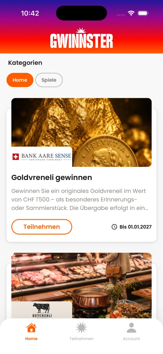 Vorschau des Gwinnster Kategorien-Feeds auf einem Smartphone